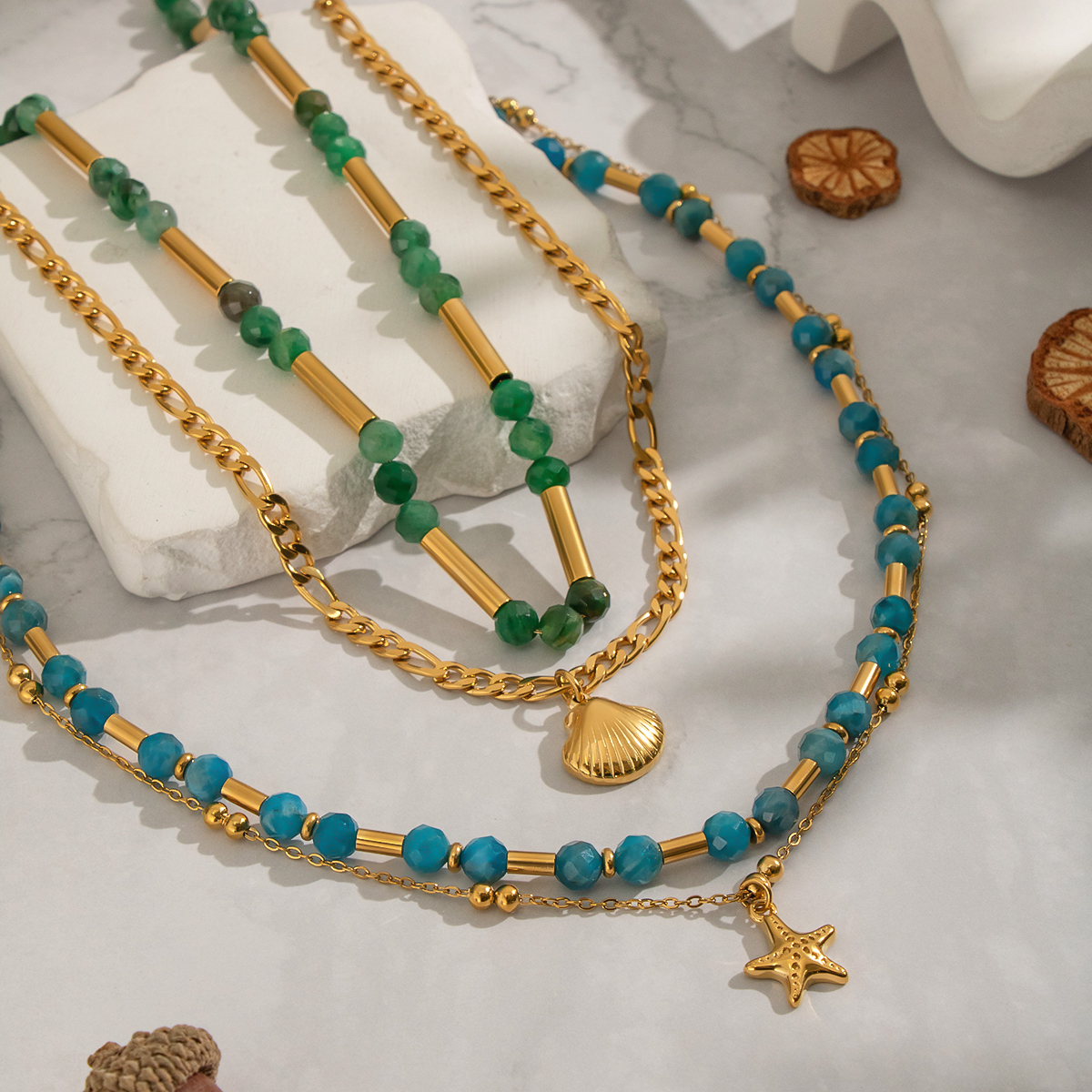Collana con perline in pietra naturale color oro impermeabile in acciaio inossidabile da 1 pezzo