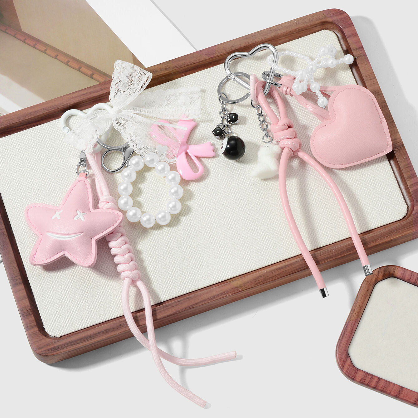 1 Piece Leather Heart Beaded Bow Knot Bag Charm