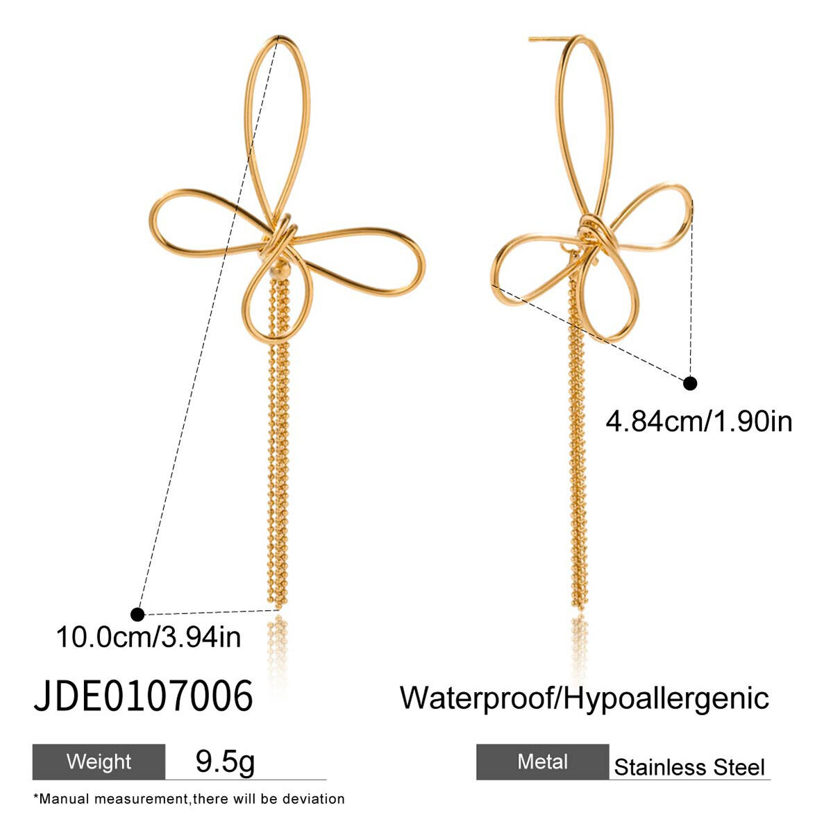 1 Pair Gorgeous Bow Knot Tassel Stainless Steel Waterproof Gold Color Women's Dangle Earrings h5 Picture2