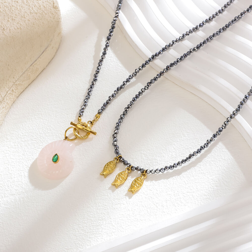 Collana con perline da donna in pietra naturale color oro, in acciaio inossidabile e impermeabile, 1 pezzo Immagine3
