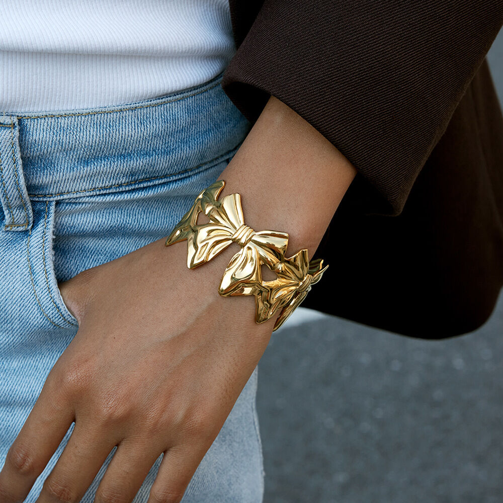 1 Stück elegantes, wasserfestes Armreif-Armband mit Schleifenknoten aus Edelstahl in Goldfarbe für Damen h5 Bild4