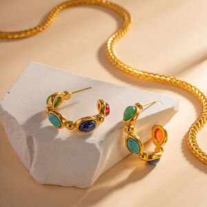 1 par de elegantes pendientes de aro de acero inoxidable con forma de círculo de piedra natural, resistentes al agua y color dorado para mujer. h5 Imagen9