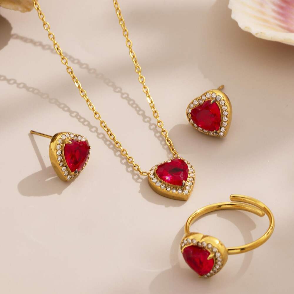 Luxurious Series Red Heart Zircon Stainless Steel Waterproof Women's Jewelry Sets Picture6