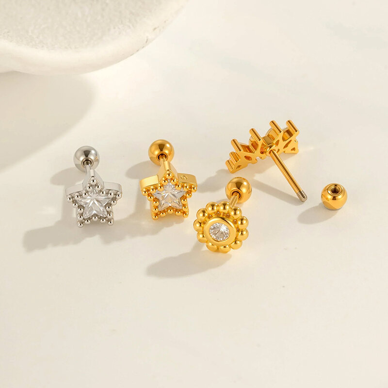 1 Parça Kalp Yıldız Bakır Altın Rengi Zirkonyum Piercing Küpe 2