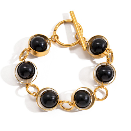 Braccialetti con perline da donna color oro, impermeabili, in acciaio inossidabile, con perline di vetro nere, 1 pezzo