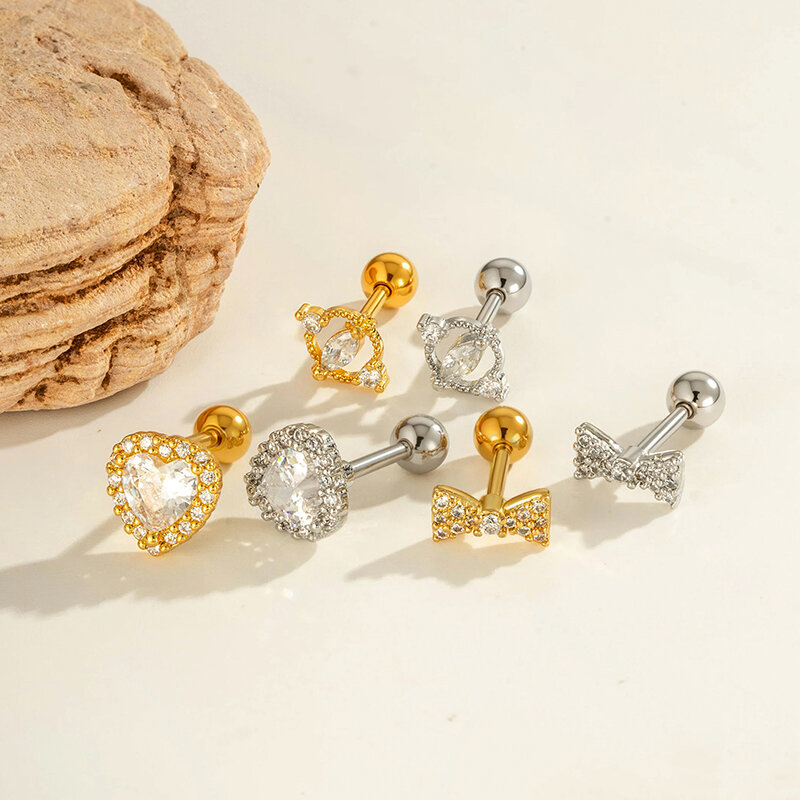 1 Parça Kalp Fiyonk Düğüm Bakır Altın Rengi Zirkonyum Piercing Küpe