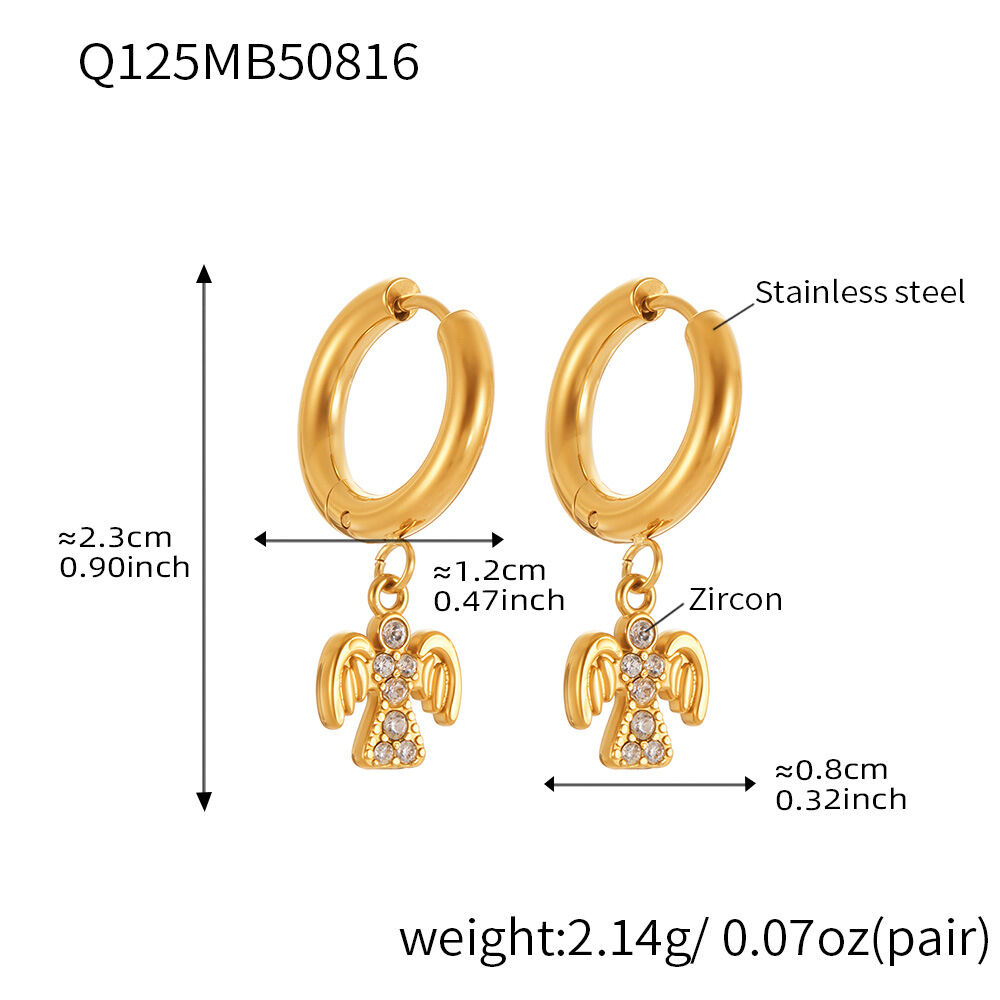 1 Pair Classic Angel Stainless Steel Waterproof Gold Color Zircon Women's Drop Earrings