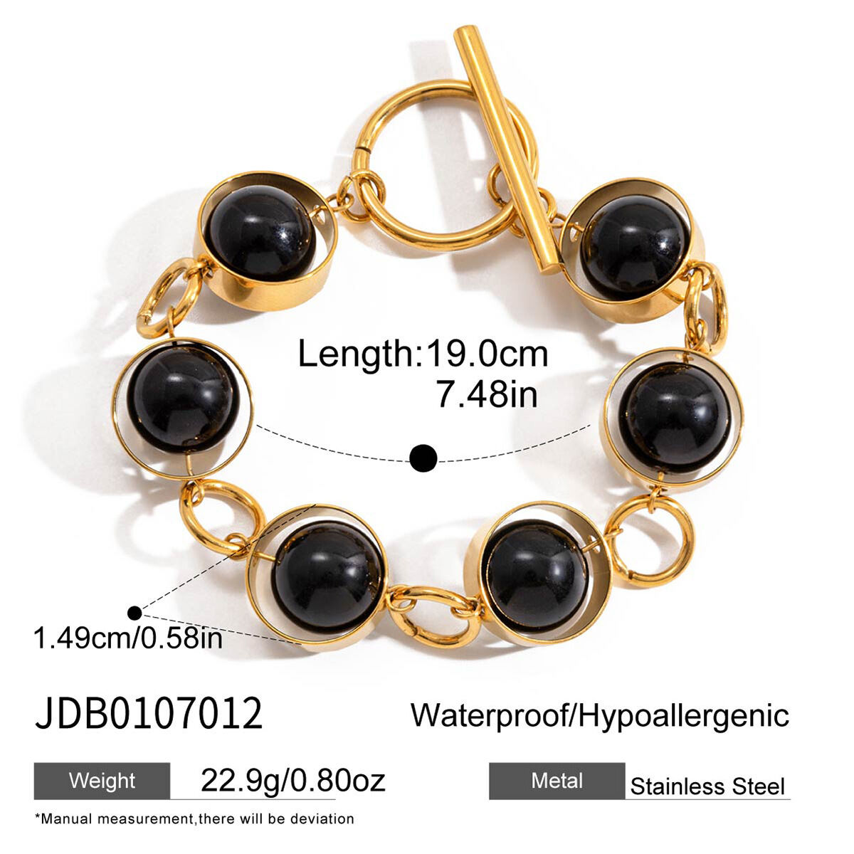 1 Piece Black Glass Beads Stainless Steel Waterproof Gold Color Women's Beaded Bracelets Picture2