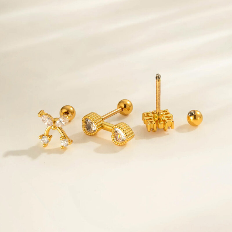 1 Parça Kalp Fiyonk Düğüm Bakır Altın Rengi Zirkonyum Piercing Küpe h5Resim3