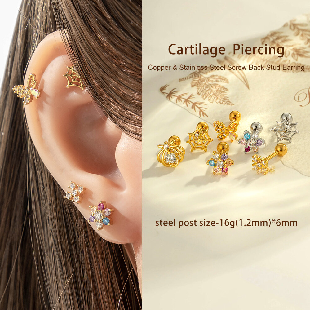 1 Adet Çiçek Bakır Altın Rengi Zirkonyum Piercing Küpe Resim4