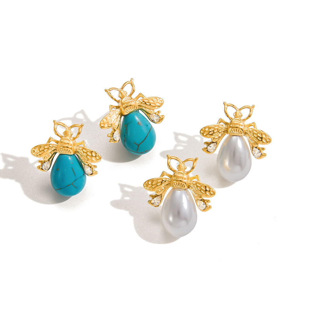 1 Paar elegante, wasserdichte Ohrstecker aus Edelstahl in Goldfarbe mit Insektenmotiv und Zirkonia-Natursteinen für Damen h5Bild8