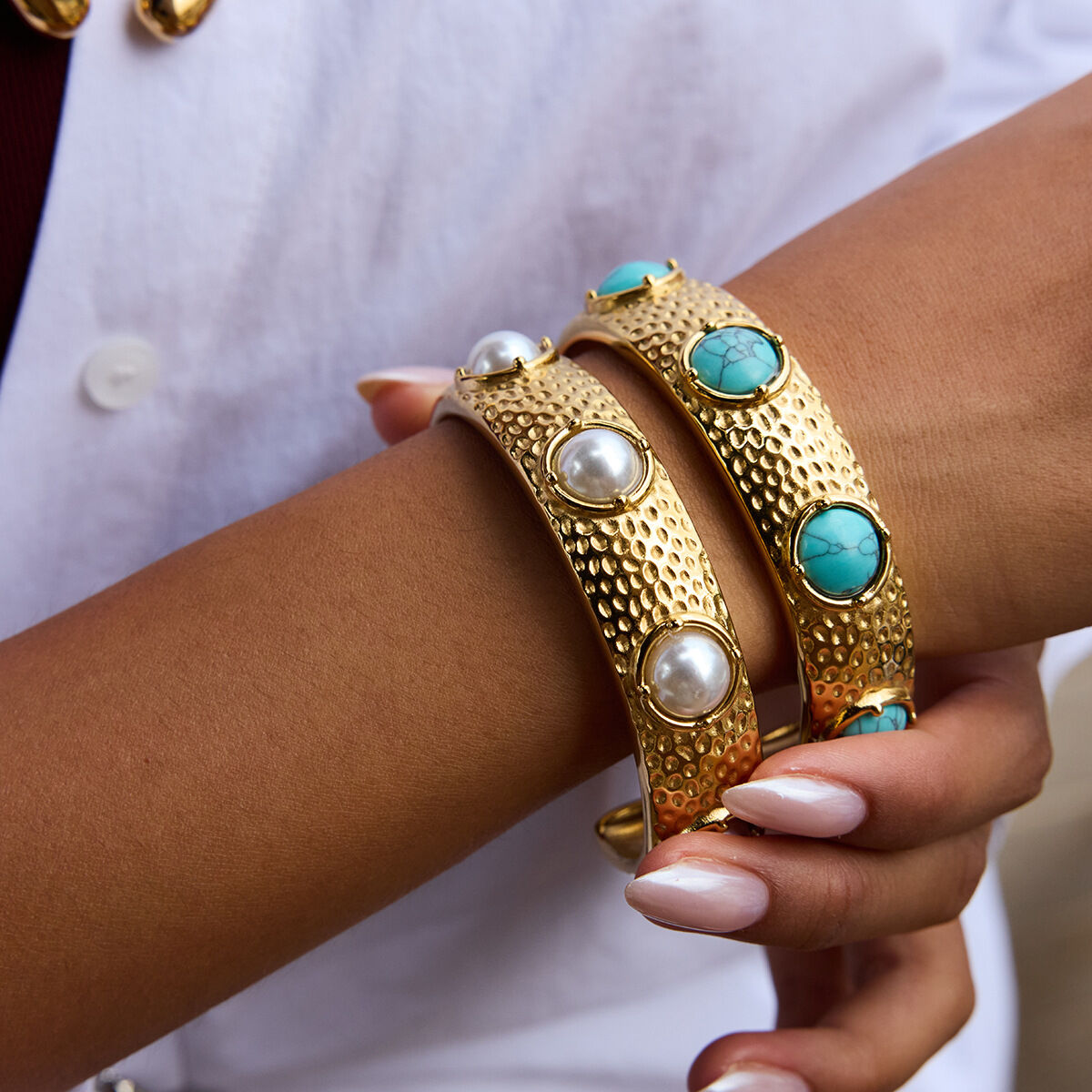 1 Piece Retro Circle Stainless Steel Waterproof Gold Color Natural Stone Women's Cuff Bracelets h5Picture4
