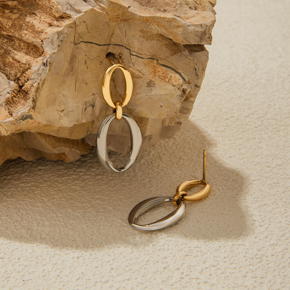 1 paio di orecchini pendenti classici da donna in acciaio inossidabile color oro, impermeabili, a doppio cerchio h5Immagine4