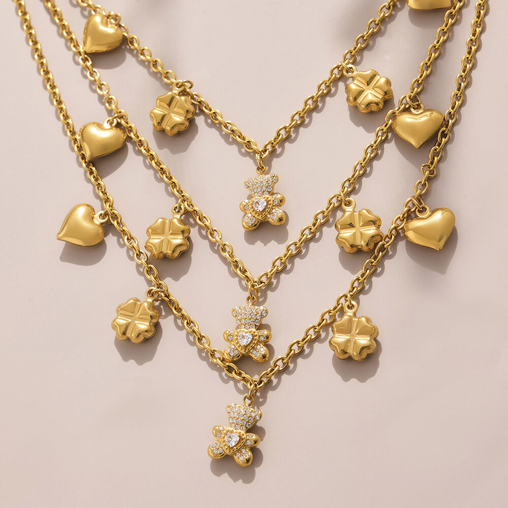 Cute Bear Clover Stainless Steel Waterproof Gold Color Women's Jewelry Sets h5 Picture3