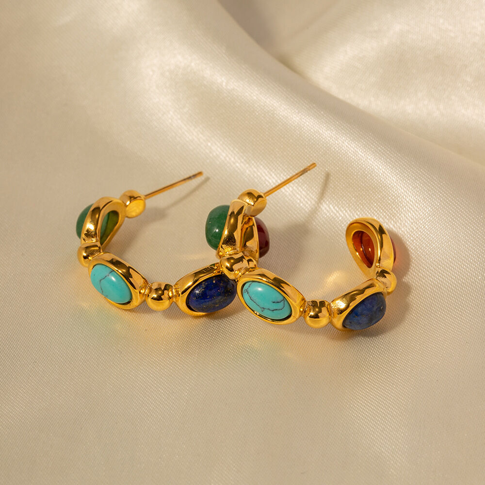 1 par de elegantes pendientes de aro de acero inoxidable con forma de círculo de piedra natural, resistentes al agua y color dorado para mujer. h5 Imagen8