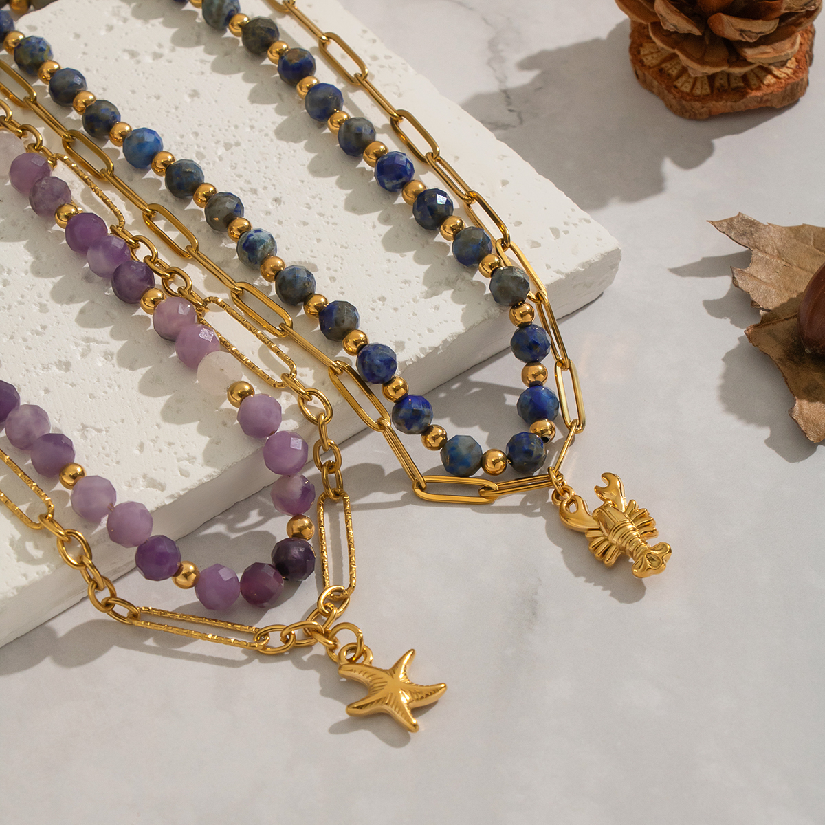 1 Piece Stainless Steel Waterproof Gold Color Natural Stone Beaded Necklace Picture3