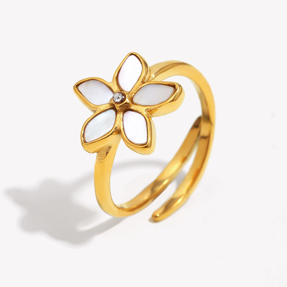 Bague tendance en acier inoxydable doré, couleur coquillage, avec motif floral chic (1 pièce). h5 