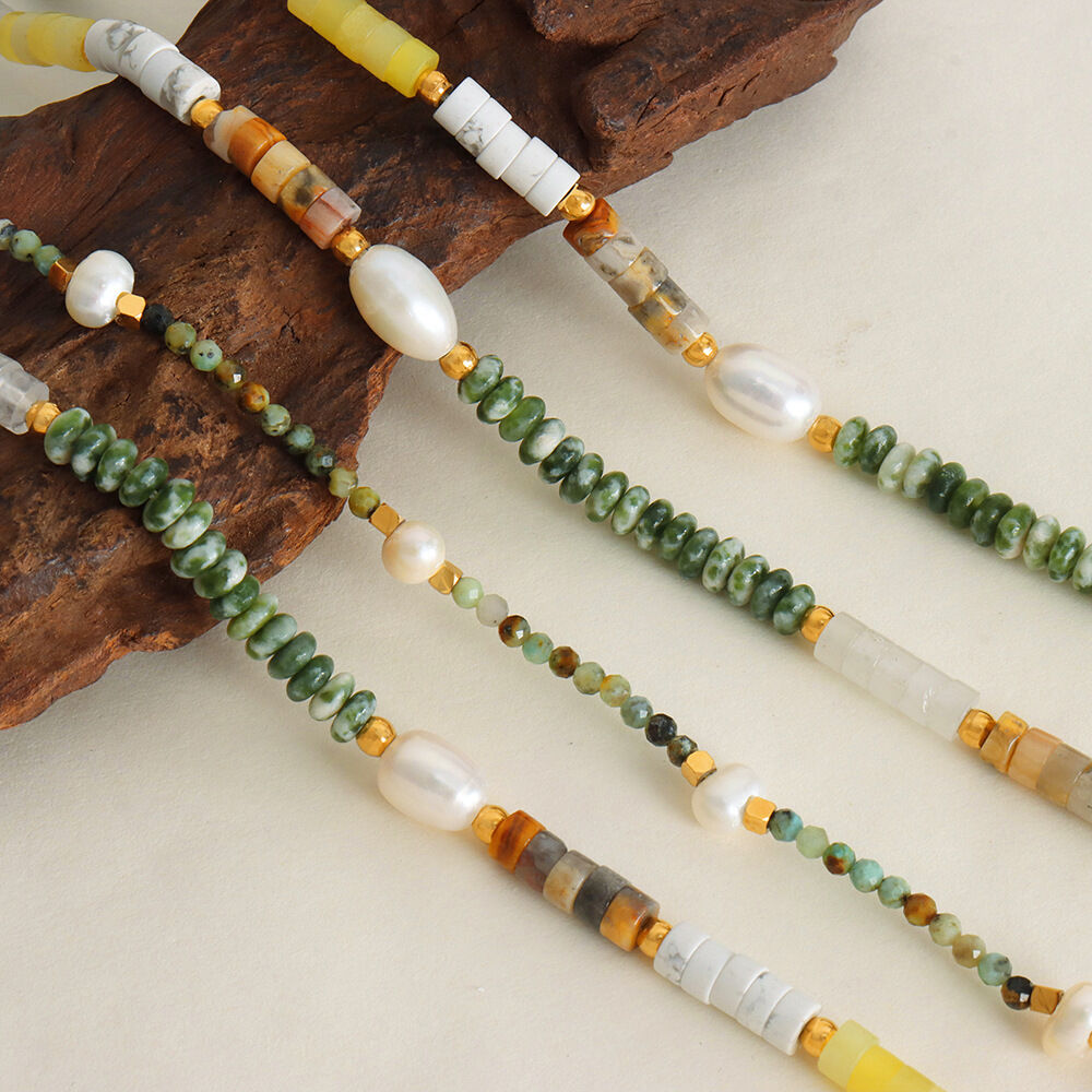 Collier de perles pour femme, 1 pièce, en acier inoxydable imperméable, couleur or, avec pierres naturelles h5Image3