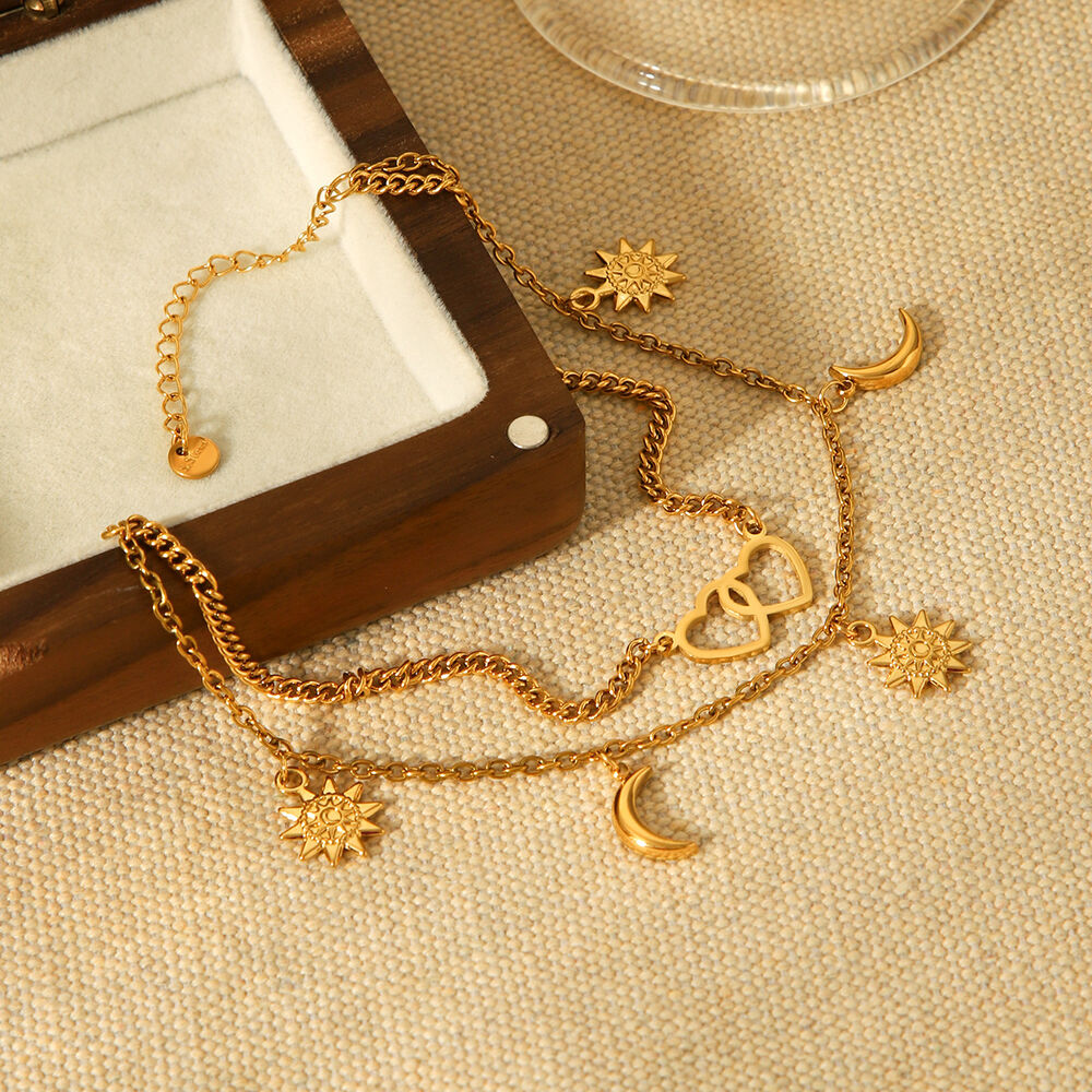 1 Piece Simple Heart&Moon Stainless Steel Waterproof Gold Color Anklets h5Picture4