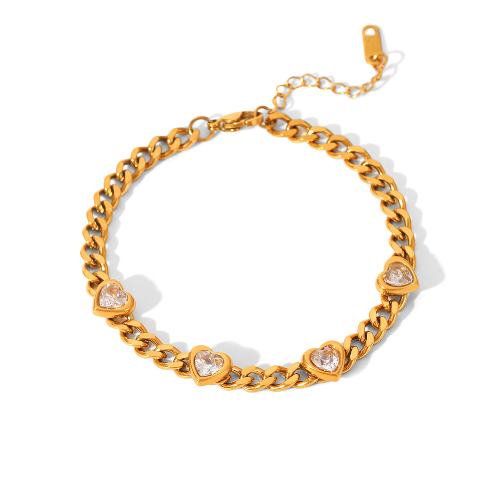 1 Piece Luxurious Heart Stainless Steel Waterproof Gold Color Zircon Women's Chain Bracelets
