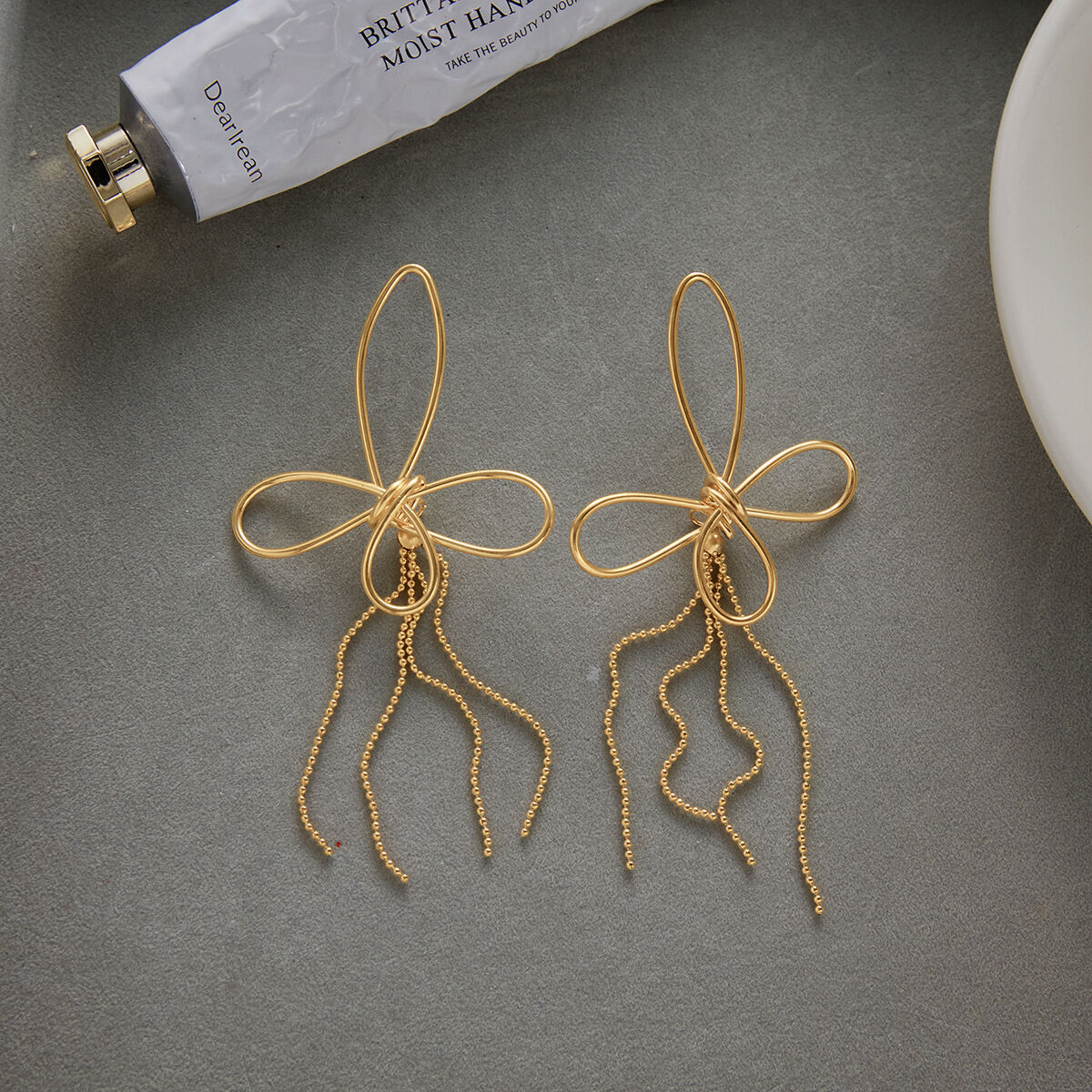 1 Pair Gorgeous Bow Knot Tassel Stainless Steel Waterproof Gold Color Women's Dangle Earrings Picture5