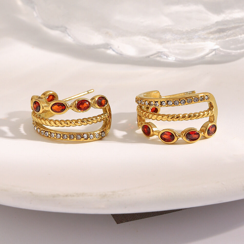 1 Pair Classic Stainless Steel Waterproof Gold Color Red Zircon Women's Hoop Earrings h5Picture6