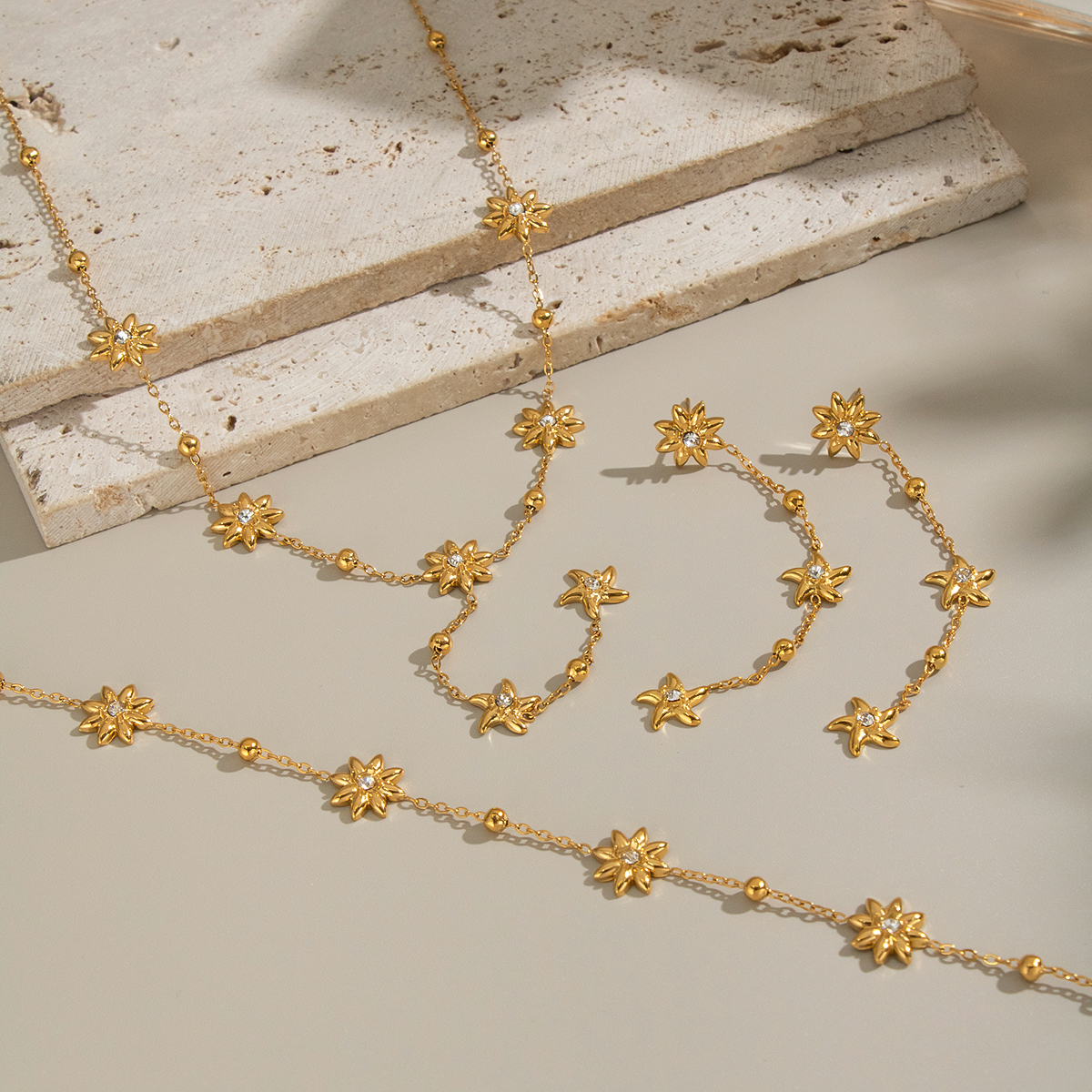 Flower Stainless Steel Waterproof  Gold Color Necklace Set