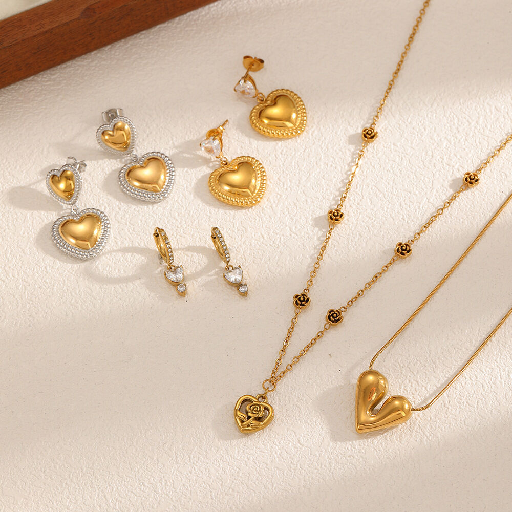 Vintage Heart Stainless Steel Waterproof Gold Color Women's Jewelry Sets 2