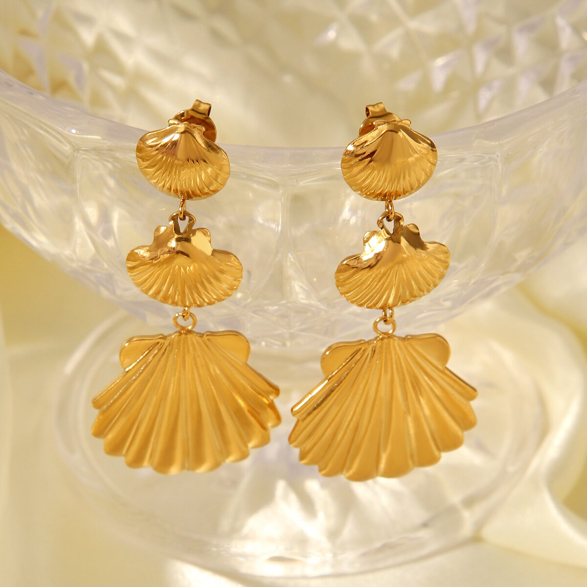 Boucles d'oreilles pendantes pour femme, collection Simple Series Daily Shell, en acier inoxydable étanche, couleur or (1 paire). h5 Image7