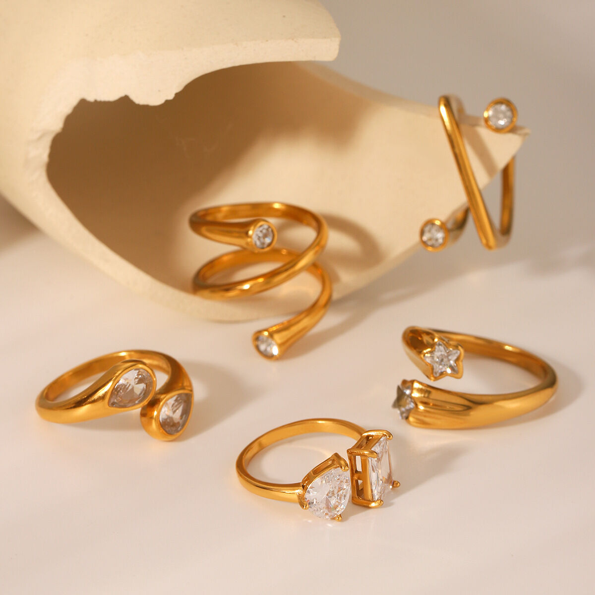 1 Piece Irregular Shape Stainless Steel Waterproof Gold Color Zircon Gemstone Ring Picture4