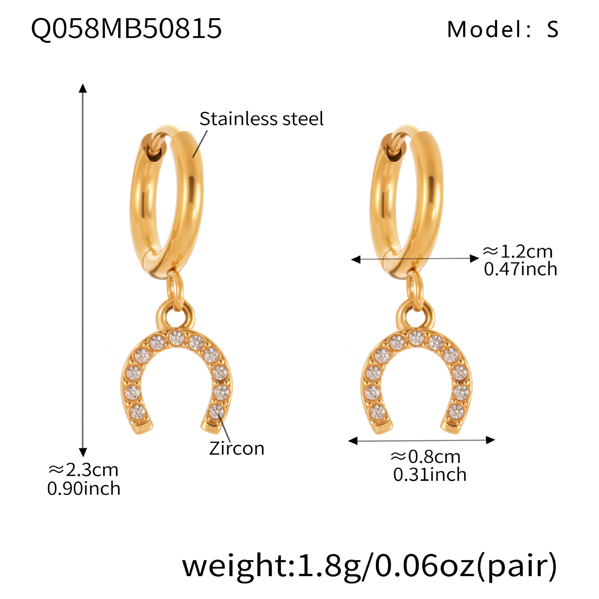 Q058-Goldene Hufeisenschnalle Zirkon Ohrringe-S Bild2