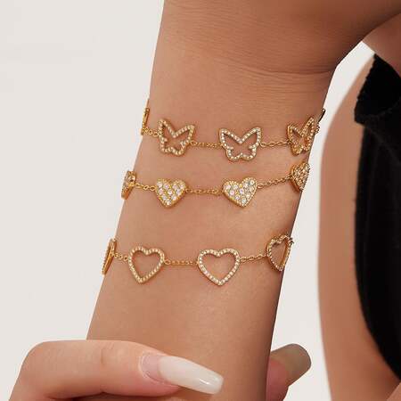 1 Piece Luxurious Butterfly Stainless Steel Waterproof Gold Color Zircon Women's Chain Bracelets