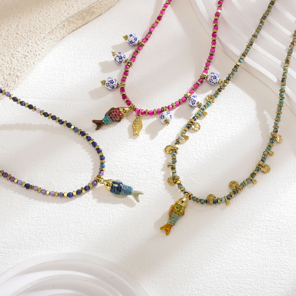1 stuk vintage visvormige, waterdichte, roestvrijstalen, goudkleurige, natuurstenen kralenketting voor dames Afbeelding3