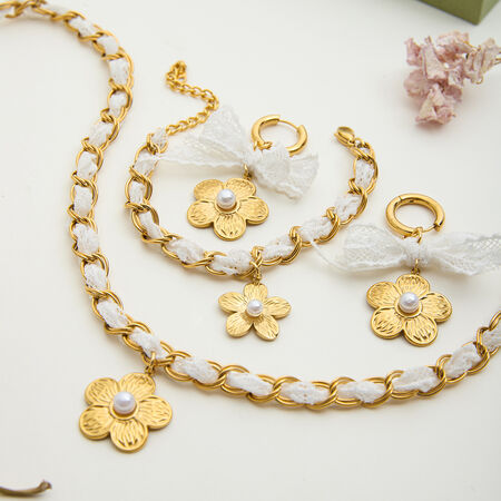 Set di gioielli da donna in acciaio inossidabile con pizzo floreale romantico, impermeabili, color oro 2