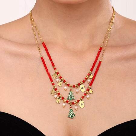 Classic Christmas Tree Stainless Steel Waterproof Gold Color Zircon Women's Pendant Necklaces