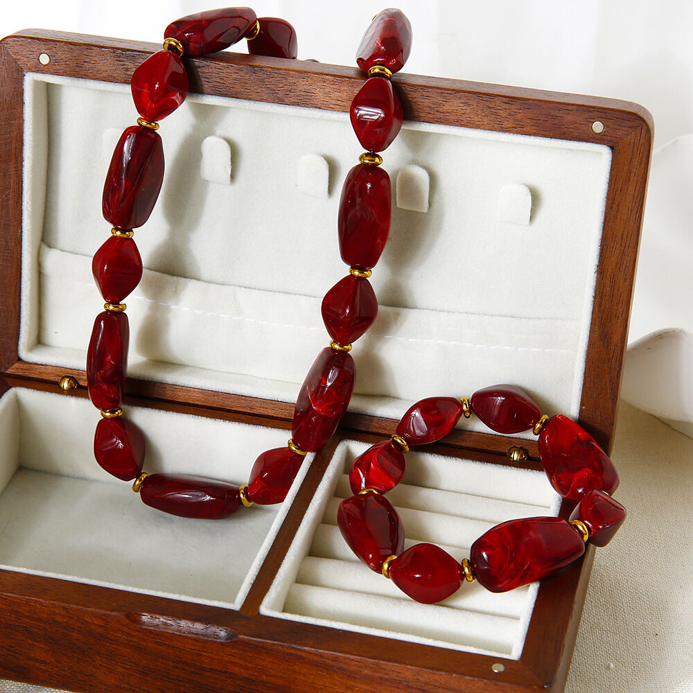 Retro Acrylic Irregular Beads Hematite Gold Color Necklace Set