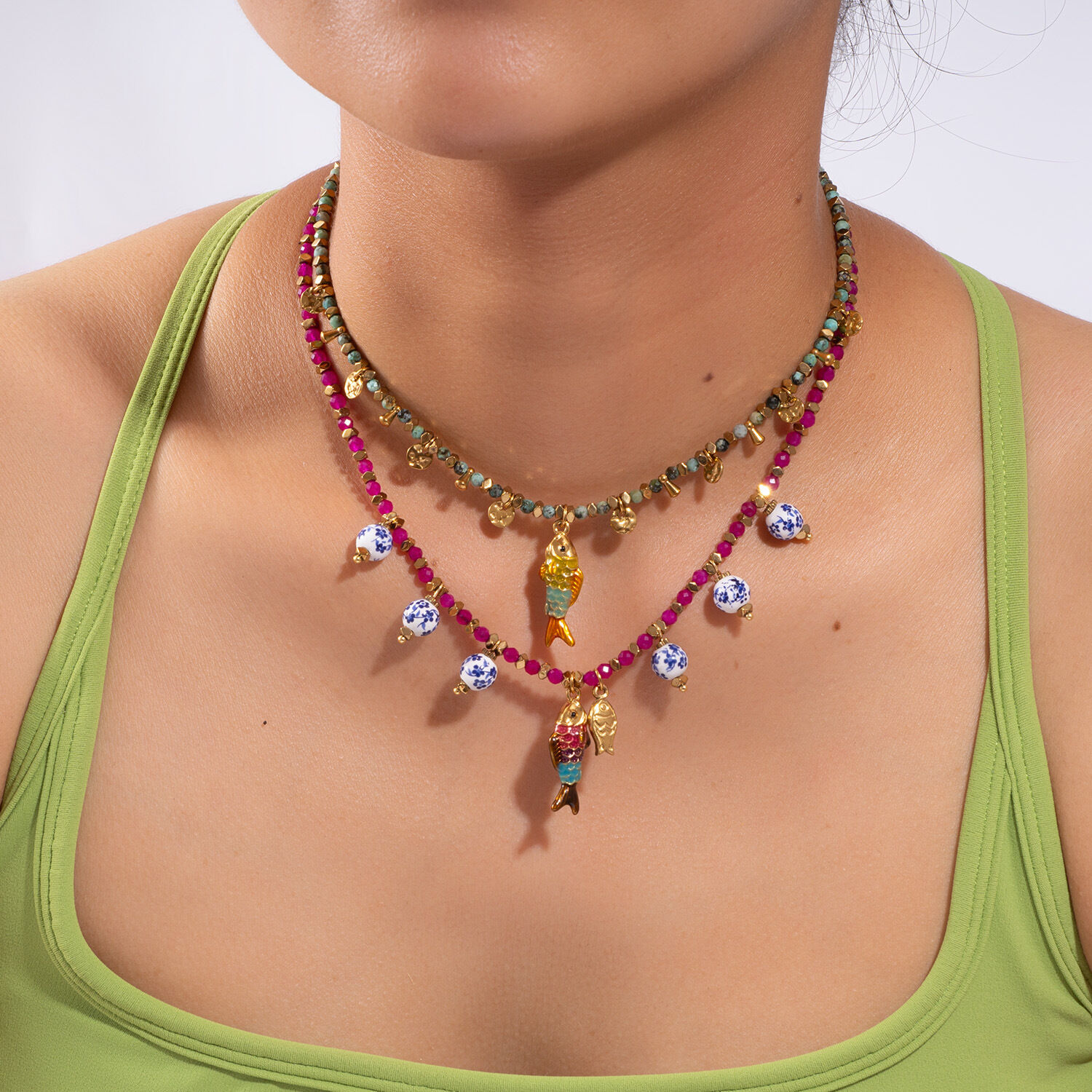 1 stuk vintage visvormige, waterdichte, roestvrijstalen, goudkleurige, natuurstenen kralenketting voor dames h5 Afbeelding5
