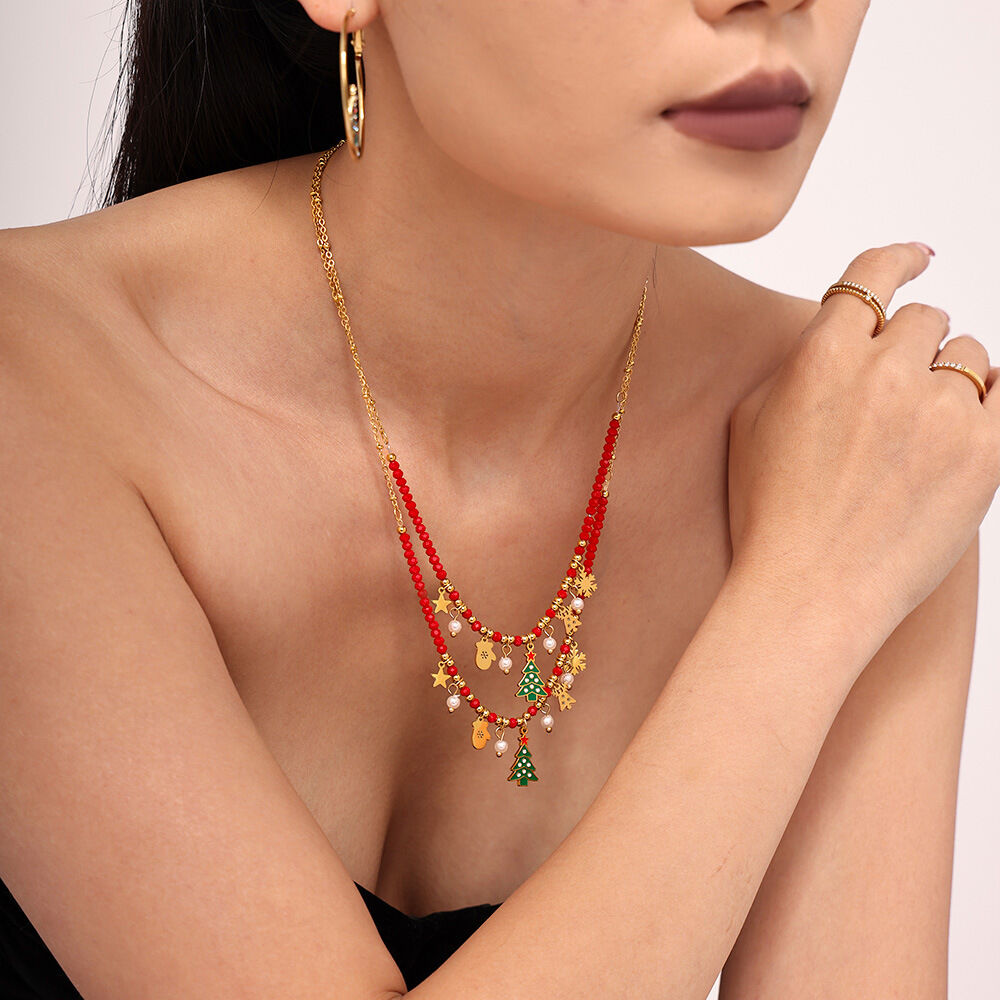 Collane con ciondolo da donna in zircone color oro impermeabile in acciaio inossidabile con albero di Natale classico h5Immagine5