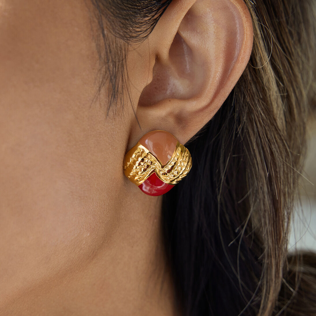 1 Pair Luxurious Chequer Mixed Color Stainless Steel Waterproof Gold Color Women's Stud Earrings 2