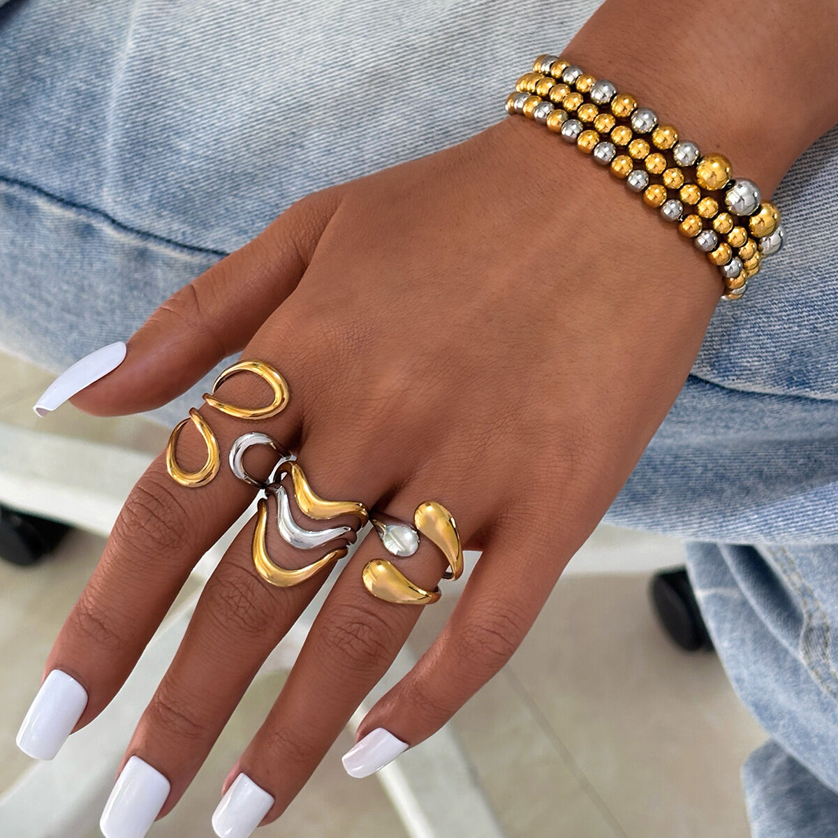 1 Piece  Simple Irregular Shape Stainless Steel Waterproof  Gold Color Women's Statement Rings h5 Picture3