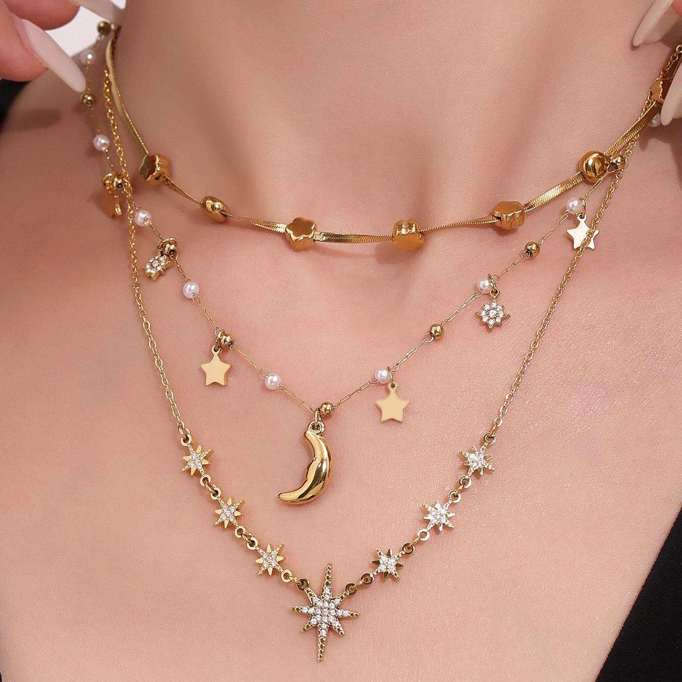 1 Piece Luxurious Star Stainless Steel Waterproof Gold Color Women's Pendant Necklaces