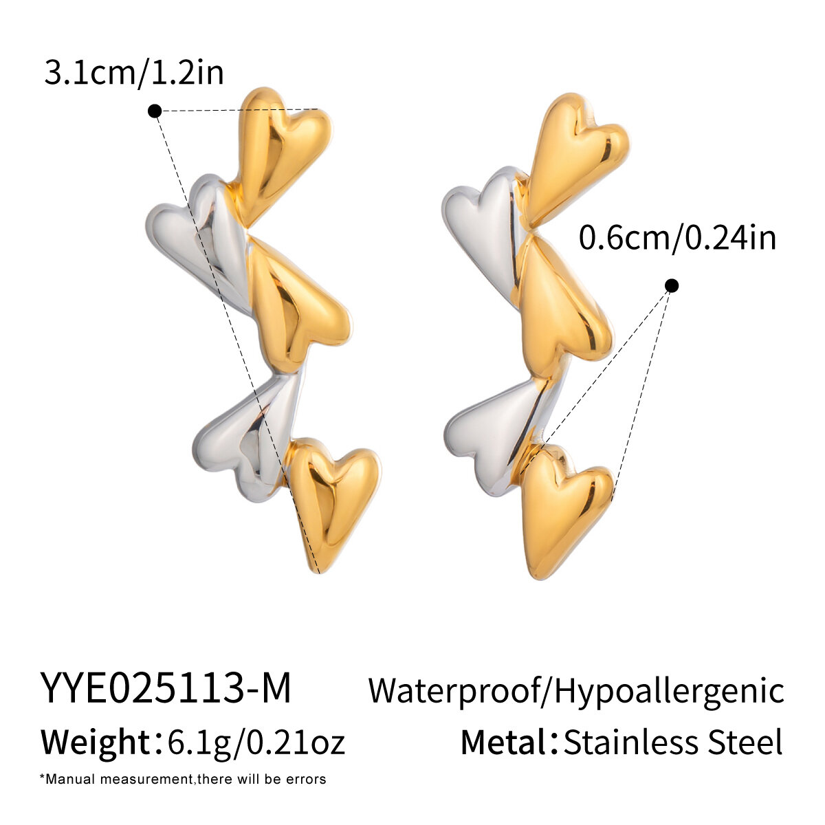 1 Pair Mixed Gold Heart Stainless Steel Waterproof Stud Earrings h5 