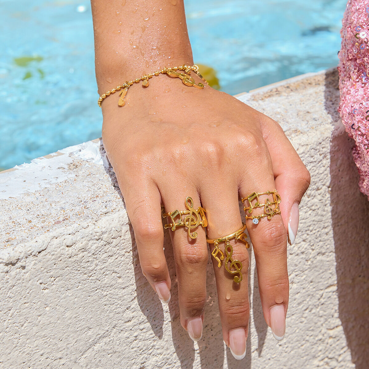 1 Piece Exquisite Series Elegant Note Stainless Steel Waterproof Gold Color Statement Rings