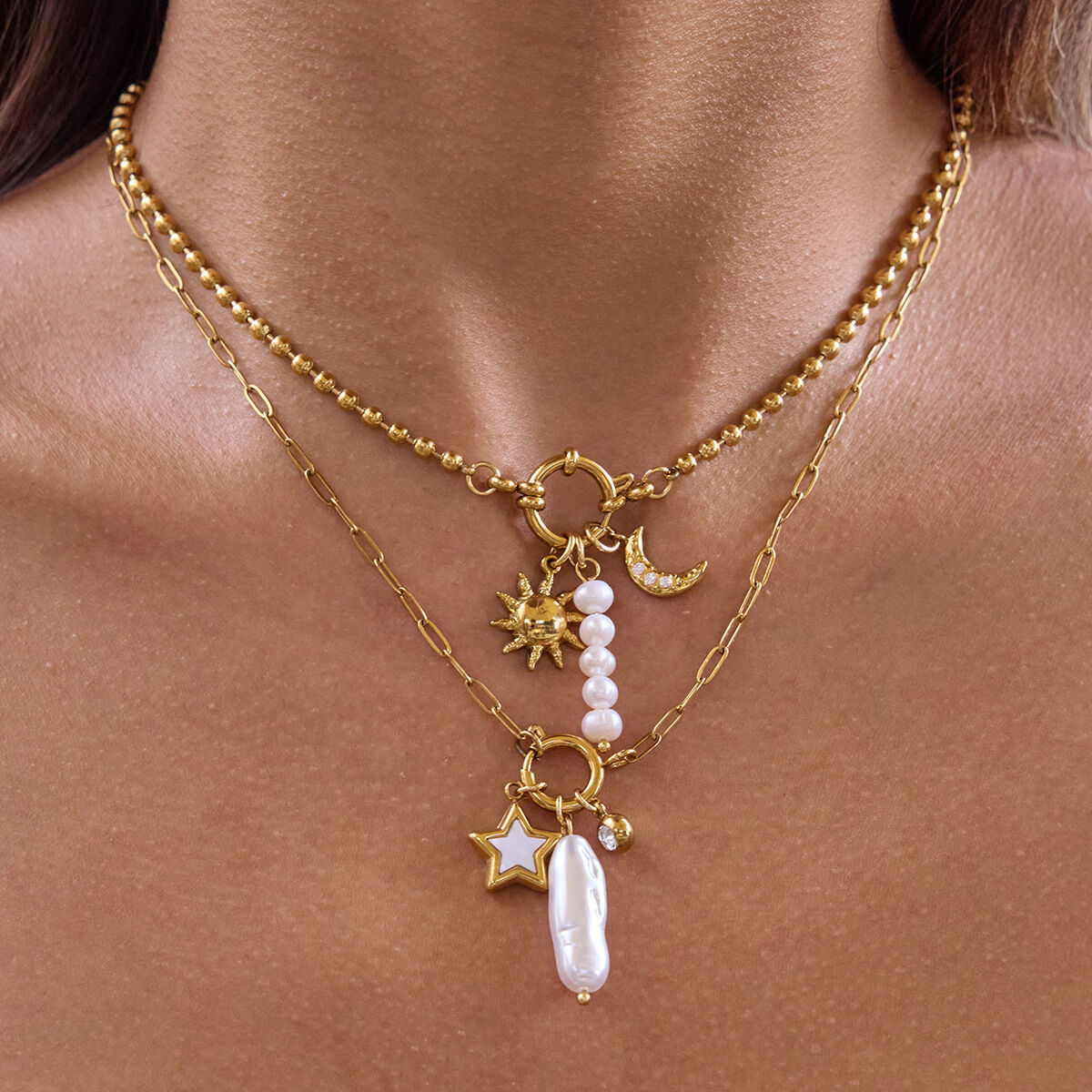 1 Piece Exquisite Heart Sun Stainless Steel Waterproof Gold Color Pearl Women's Pendant Necklaces h5Picture2