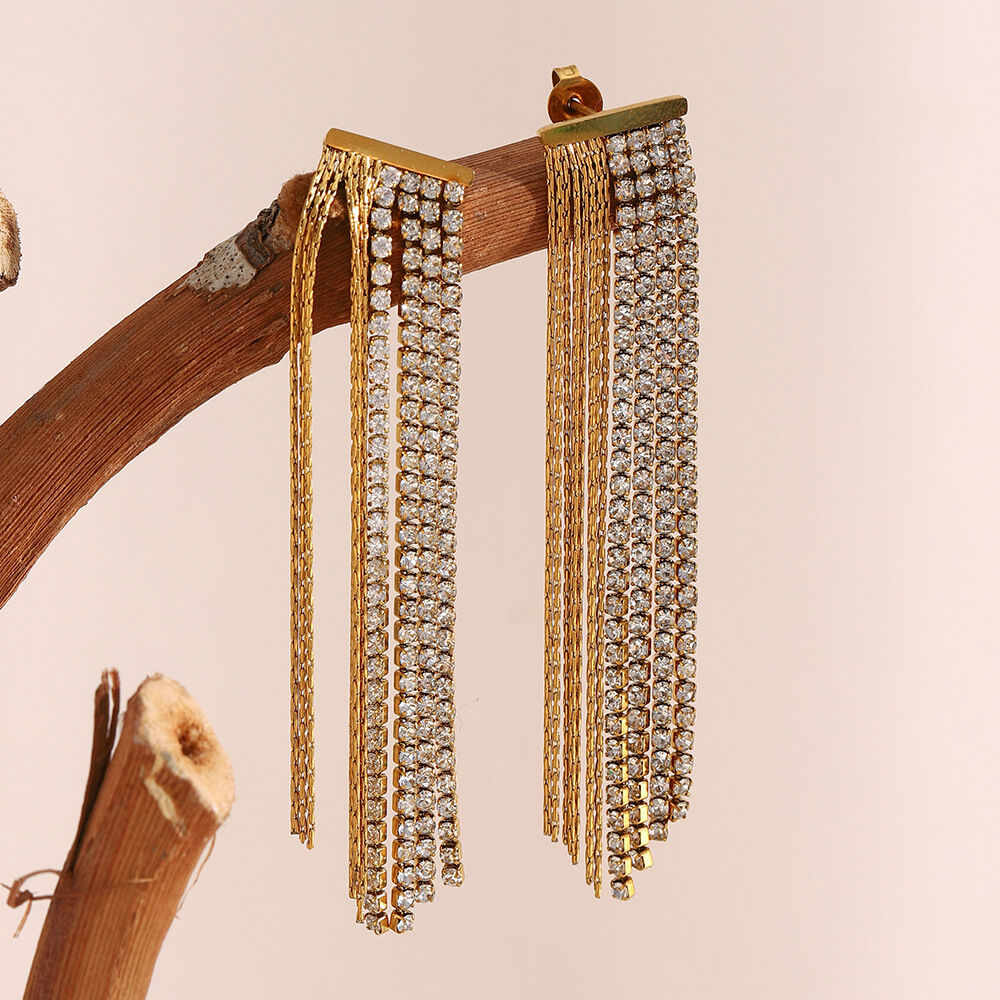 1 Pair Exquisite Tassel Stainless Steel Waterproof Gold Color Zircon Women's Party Earrings 2