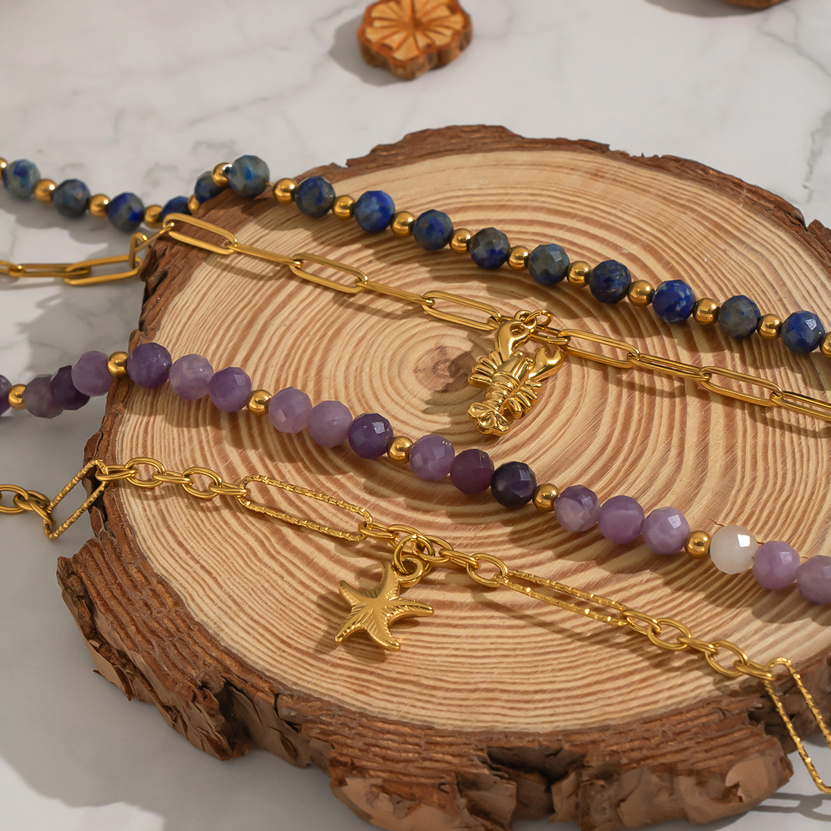 Collana con perline in pietra naturale color oro impermeabile in acciaio inossidabile da 1 pezzo 2