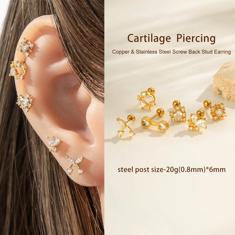 1 Parça Kalp Fiyonk Düğüm Bakır Altın Rengi Zirkonyum Piercing Küpe h5Resim4