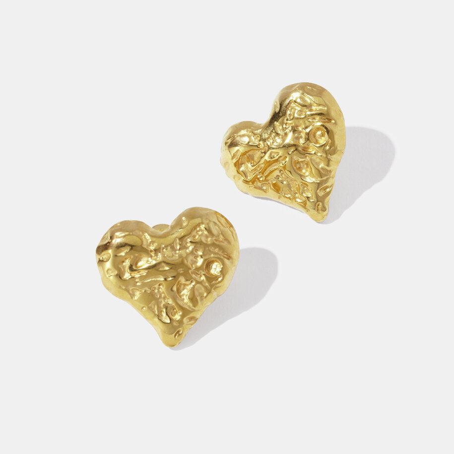 Retro Heart Hammer Pattern Stainless Steel Waterproof Gold Color Stud Earrings 2