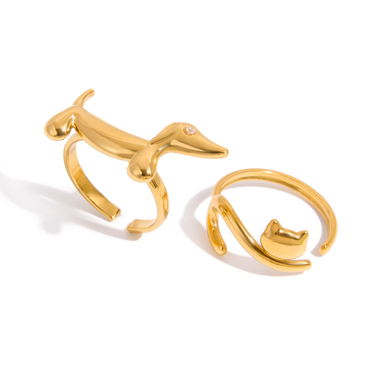 1 Piece Whimsical Dog&Cat Stainless Steel Waterproof Gold Color Statement Rings h5 Picture7
