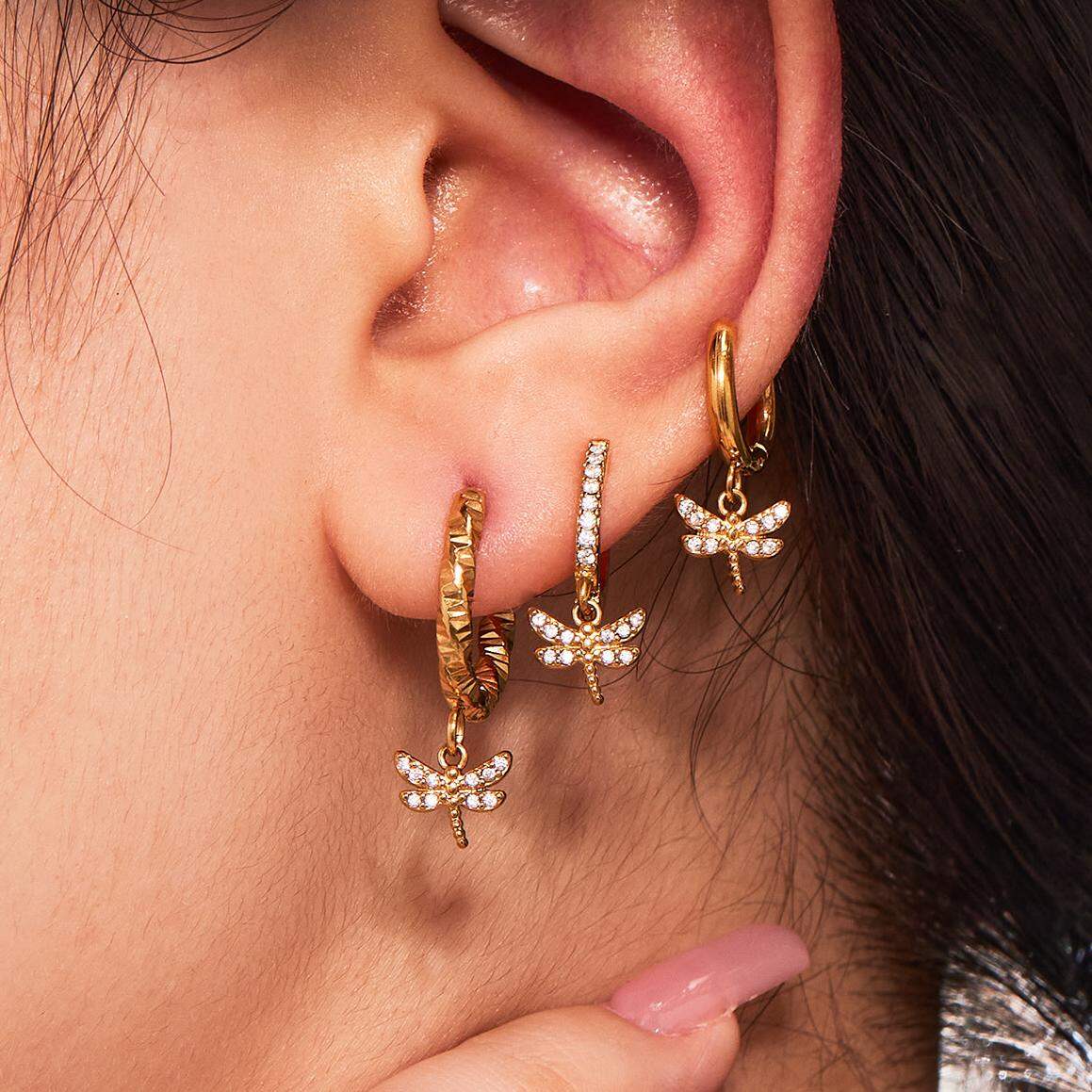 1 Pair Exquisite Dragonfly Stainless Steel Waterproof Gold Color Zircon Women's Drop Earrings h5 Picture5